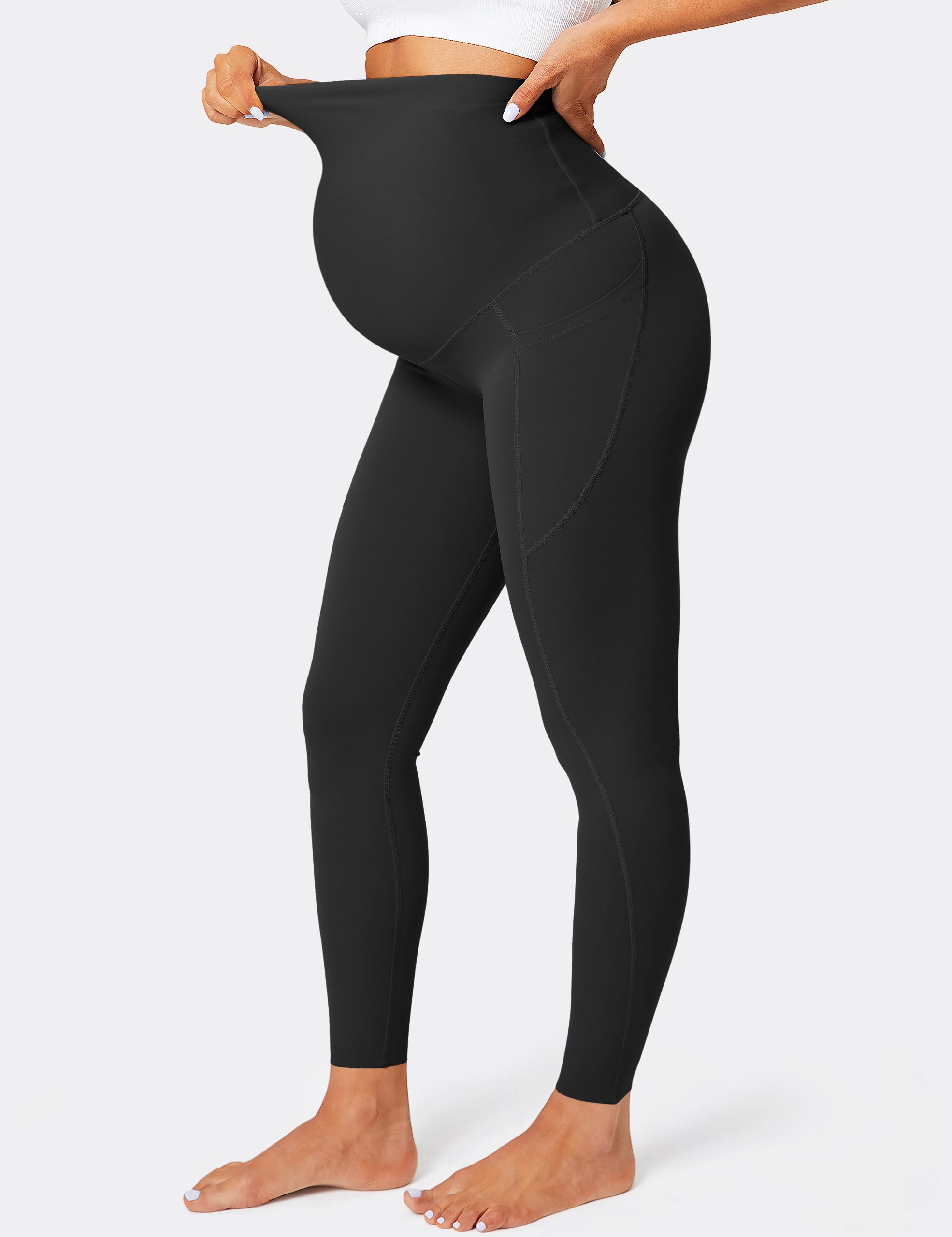 BAYDI Leggings premaman da donna con tasche, opachi, lunghi per gravidanza, a vita alta, morbidi, elastici, per gravidanza
