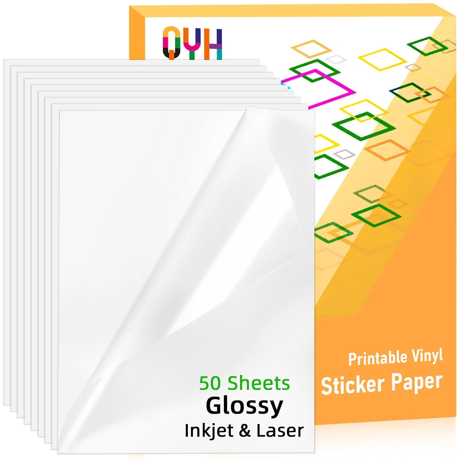 Photo 1 of QYH Premium Printable Vinyl Sticker Paper-50 Sheets Glossy White, Quick-Drying Waterproof, Compatible with Inkjet & Laser Printer, Vivid Prints for DIY Crafts
