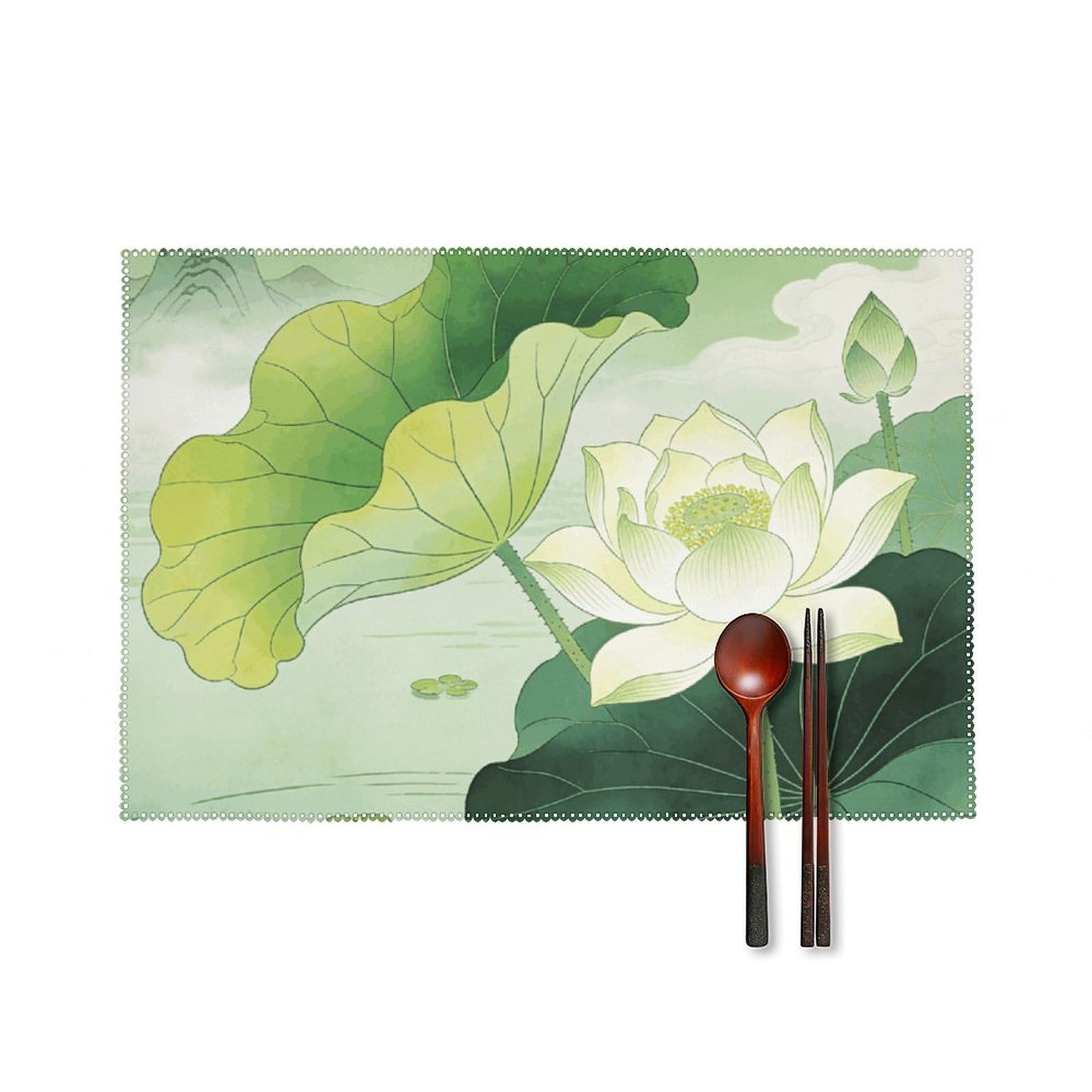 Green Lotus Pond Placemats Set of 6, 12x18 Inch Heat Resistant Washable Canvas Table Mats, Stain Resistant Decorative Dining Placemats for Kitchen, Restaurant, Outdoor Party