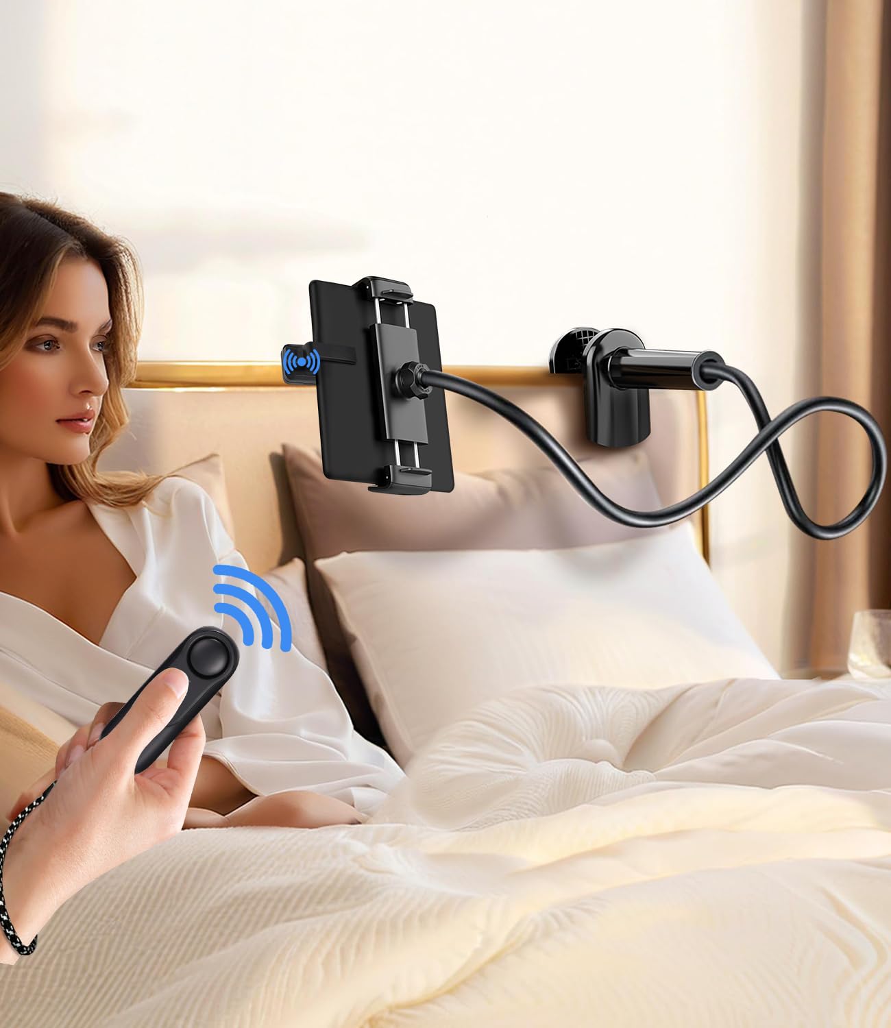 Support de Tablette pour la Lecture Kindle avec RF Télécommande Tourne Page, Support à col de Cygne avec Tourne, Accessoires pour la Lecture Kindle/iPad/appareils de 4,7 à 10.53 Tablets au Lit