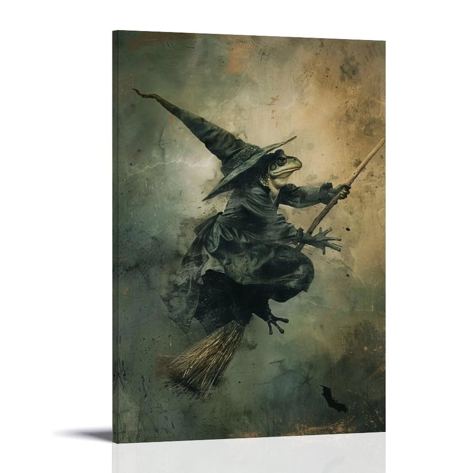 JUWRHRHHRH Frog Witch on Broomstick 03 Poster Canvas Aesthetic Wall Art Painting Decor for Living Room Bed Room 08x12inch Frame-style