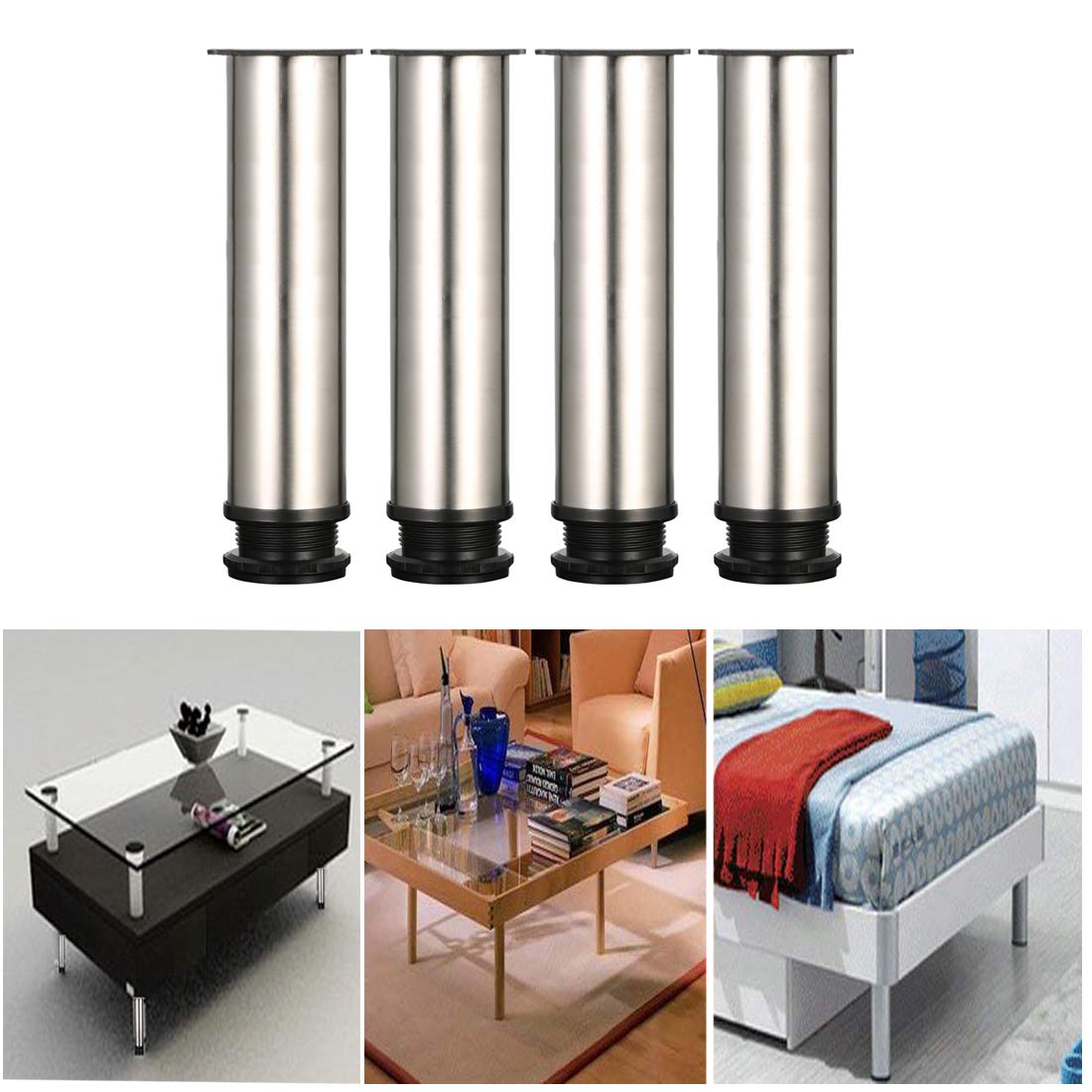 4 piezas Pies ajustables, Pies de gabinete de 200 mm de altura, patas de mesa, patas de muebles, acero inoxidable cepillado, altura ajustable de 0-15 mm, vienen con tornillos de acero inoxidable