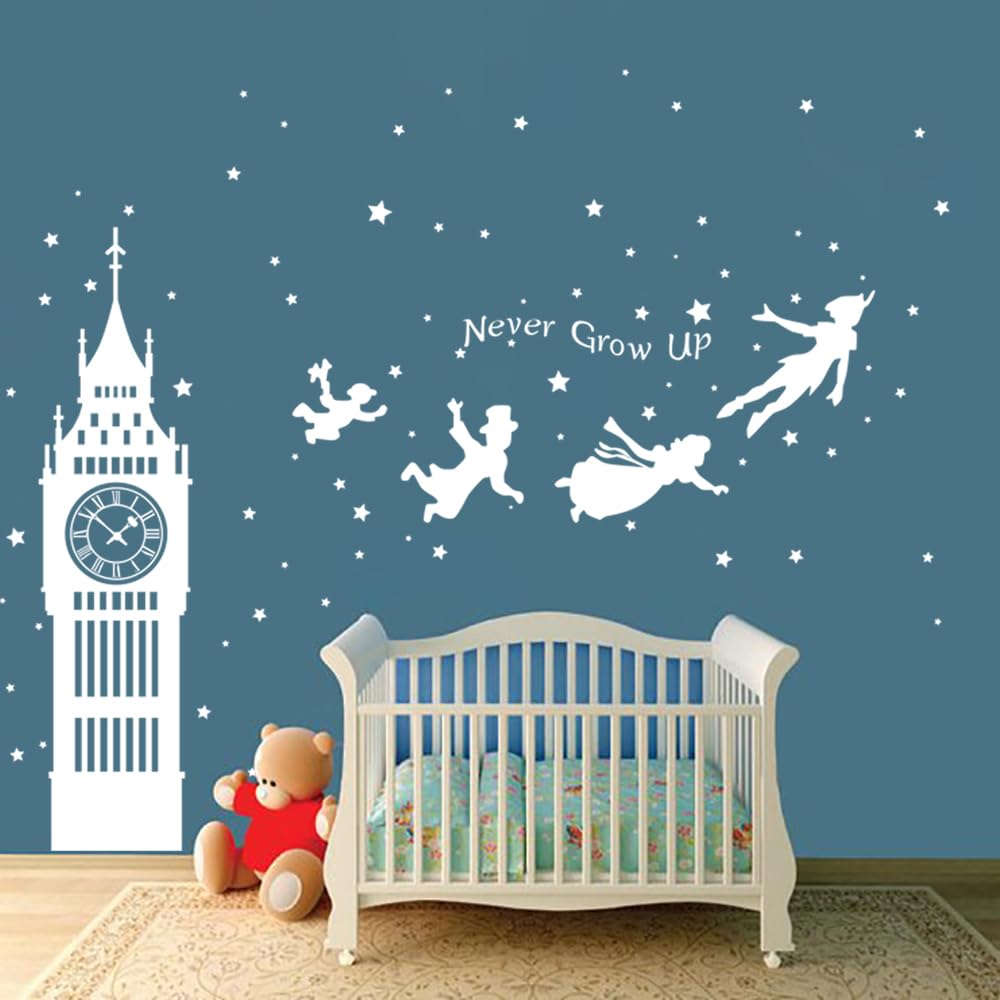 Runtoo Peter Pan Wall Decals Peel and Stick for Nursery London Silhouette Quotes Wall Art Stickers Baby Kids Room Daycare Playroom Decor, White