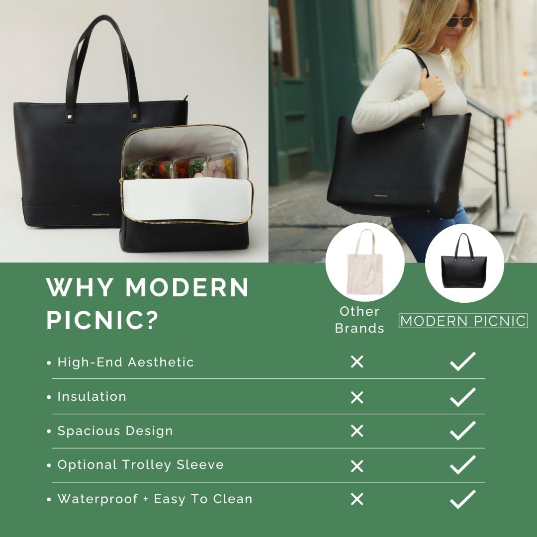 Black Faux Leather Tote with Insulated Pouch