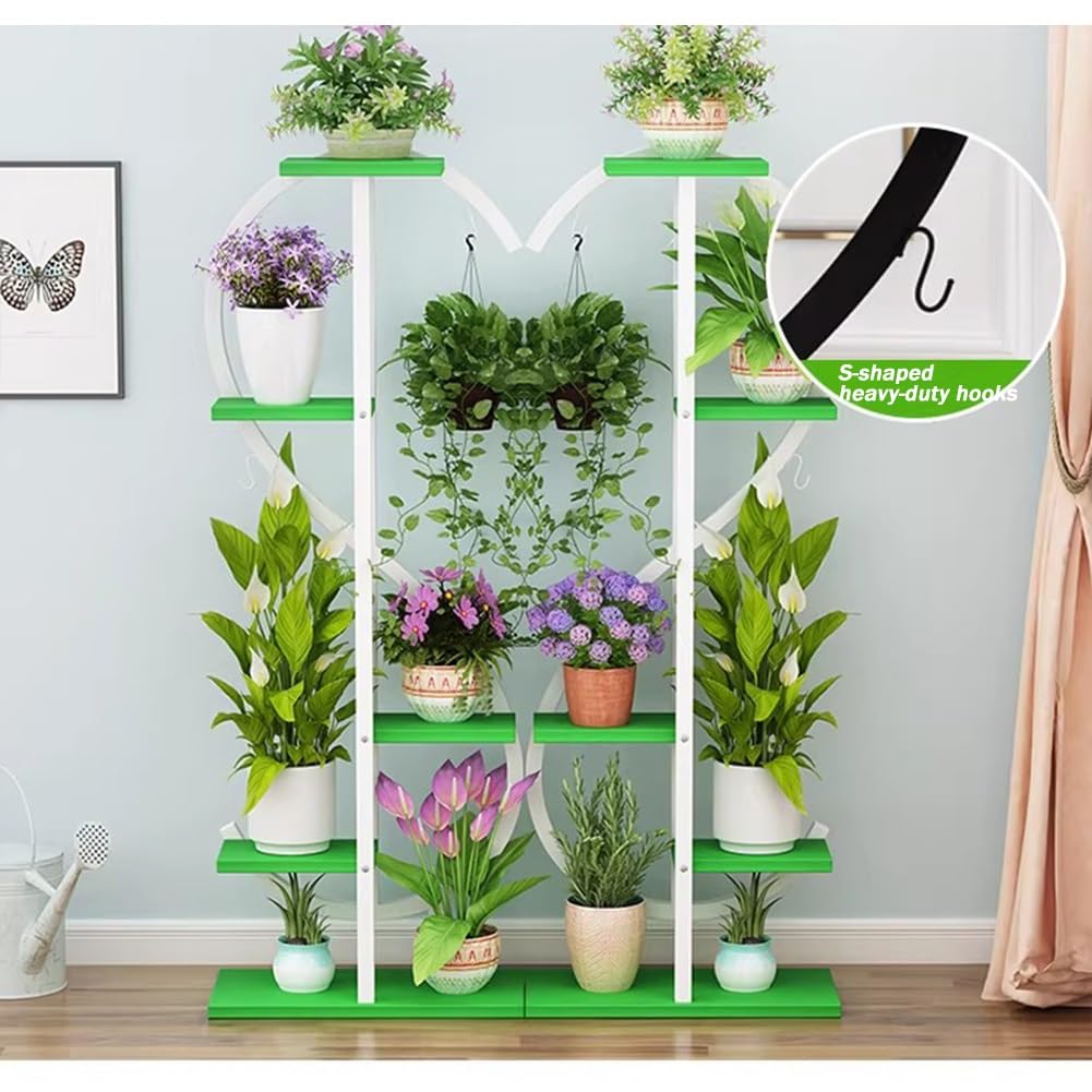 Support d'angle en métal à 5 niveaux avec plusieurs planches en bois et crochets, pour plantes en pot et suspendues, présentoir peu encombrant pour salon, terrasse, balcon, chambre à coucher