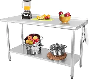 60" x 24" Stainless Steel Prep Table, NSF Metal Work Table with Backsplash, Adjustable Undershelf, 5 Hooks, Heavy Duty Workbench Workstation for Home Kitchen Restaurant