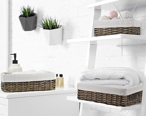 Miniatura 3 de Anwelynd Cestas de almacenamiento de mimbre para organizar el baño, 3 juegos de cestas decorativas hechas a mano con forro, cestas de almacenamiento