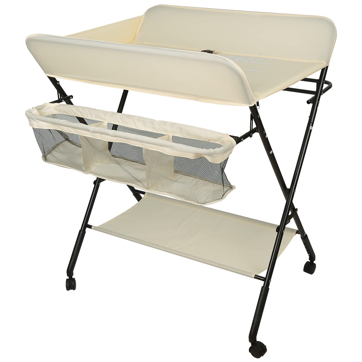 Mueble Cambiador Bebe Plegable y Portátil, Cambiador con 4 Ruedas,Patrón de Jirafa-80 x 66 x 92/95/98 cm (Beige)