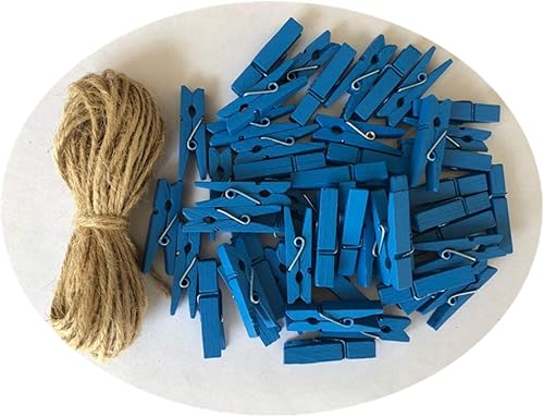 DurReus Alfileres de madera para manualidades decoración de fiesta clips pequeños tarjeta con cordel de yute azul oscuro paquete de 50