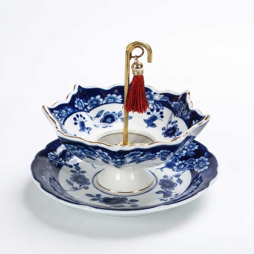 Ceramic Tea Strainer with Drip Base - Umbrella Shape Blue and White Porcelain Loose Leaf Tea Filter - Traditional Chinese Kung Fu Tea Infuser for Brewing Clear Soup and Home Zen Decor (blue)
