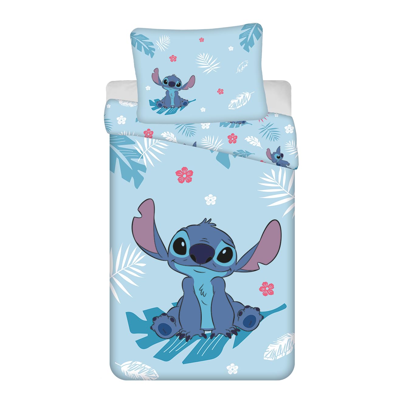 Jerry Fabrics Stitch Angel - Juego de ropa de cama reversible de 140 x 200 cm y funda de almohada grande de 70 x 90 cm, 100% algodón, color azul