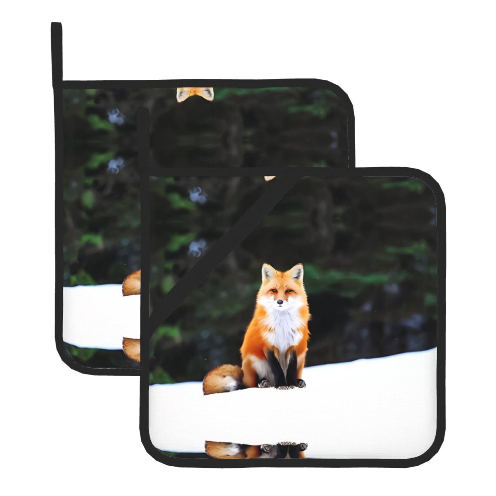 WHJSHOP Funny Fox Prints Square Pot Holders - Waterproof Heat Resistant Kitchen Throw Pads for Hot Bowls & Dishes, Durable Oven Mitt Layers with Hanging Loop - Set of 2