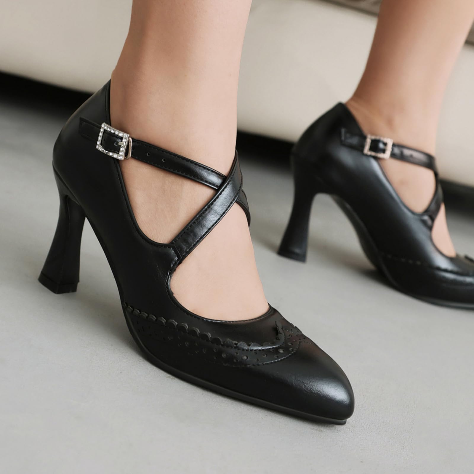 Stiletto Brogue Mary Jane czółenka damskie ze szpiczastymi palcami, paski krzyżowe, wysokie obcasy, do biura, pracy, profesjonalne buty wieczorowe