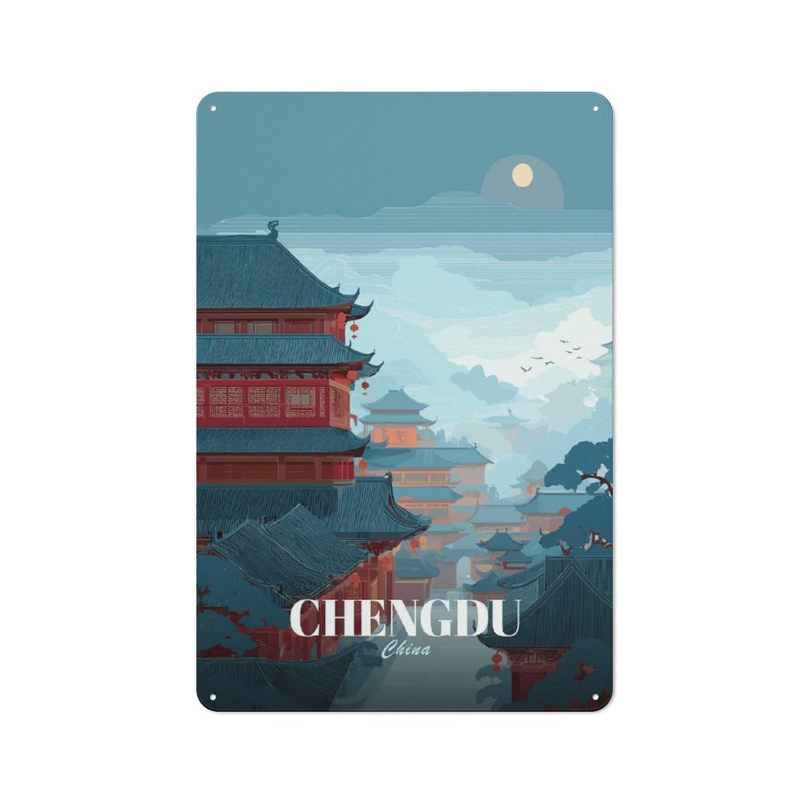 Junmoney Style-24 Tin Wall Plaque 30X20cm With Chengdu, China Cityscape Illustration For Guest Room Or Hallway, A Decorative Christmas Gift For Home Decor Collectors