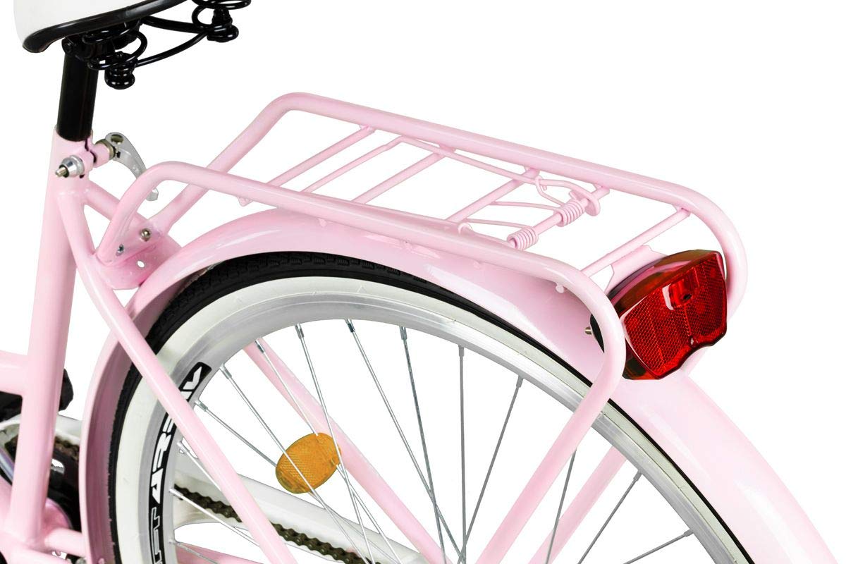 Bicicleta Urbana Rosa MILORD de 1 Velocidad y 26 Pulgadas con Cesta y Soporte Trasero, Bicicleta Holandesa, Bicicleta para Mujer, Retro, Vintage