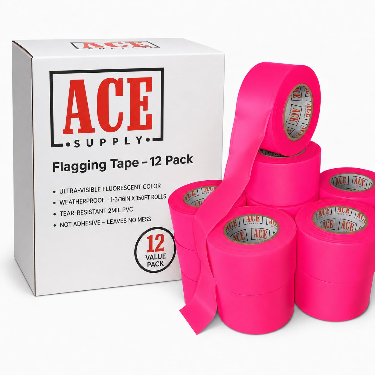 Lot de 12 rubans de signalisation non adhésifs – 4,5 cm de largeur, 45,2 m de long, 2 mm – Ruban de marquage d'arbre, ruban d'arpenteurs