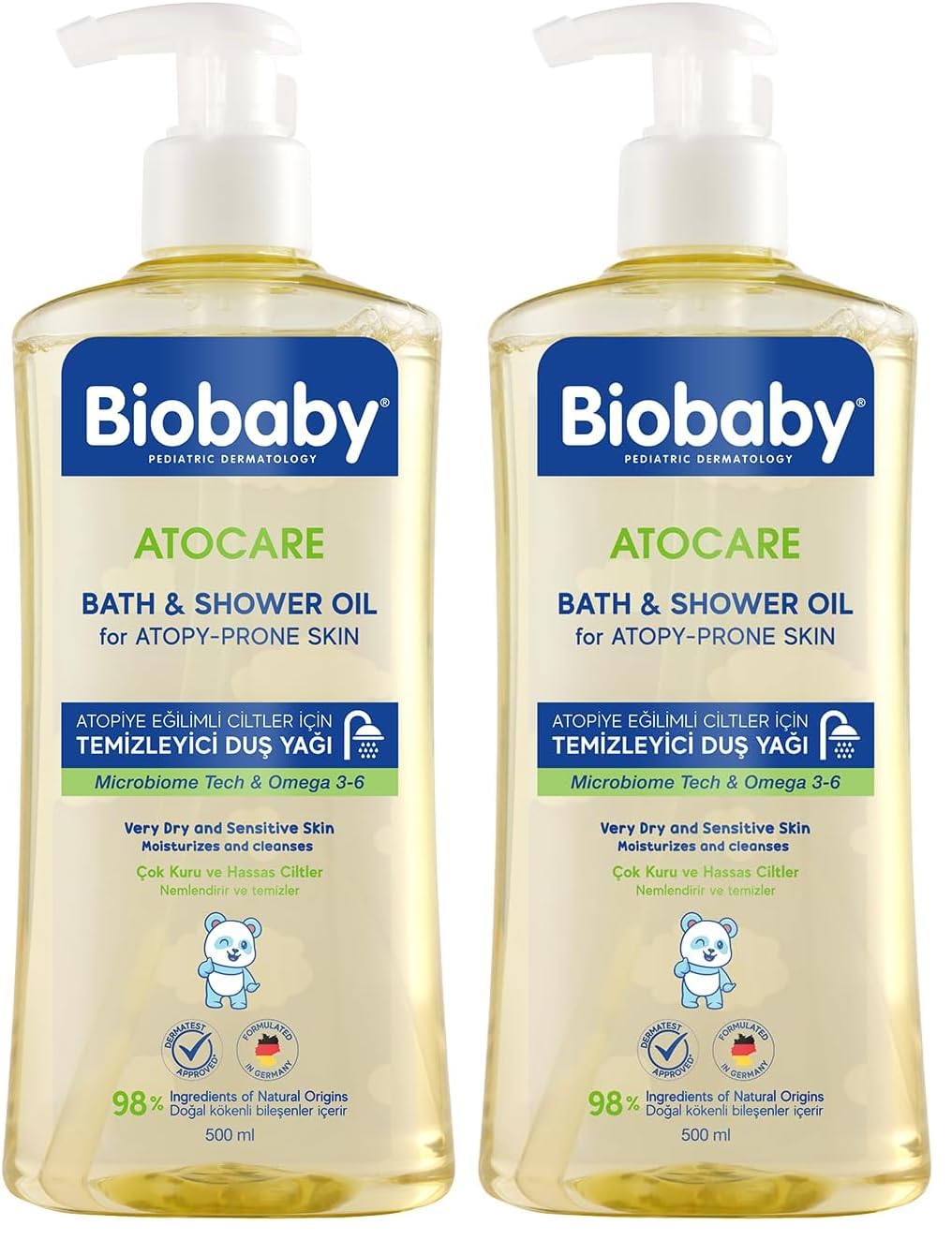 Biobaby Atocare Duş Yağı 500 ml – Atopiye Eğilimli Bebek Ciltleri İçin, Seramid Kompleksli, Omega 3-6, Yulaf Ekstresi ve Prebiyotik İçerikli Temizleyici Yağ (2 paketi)