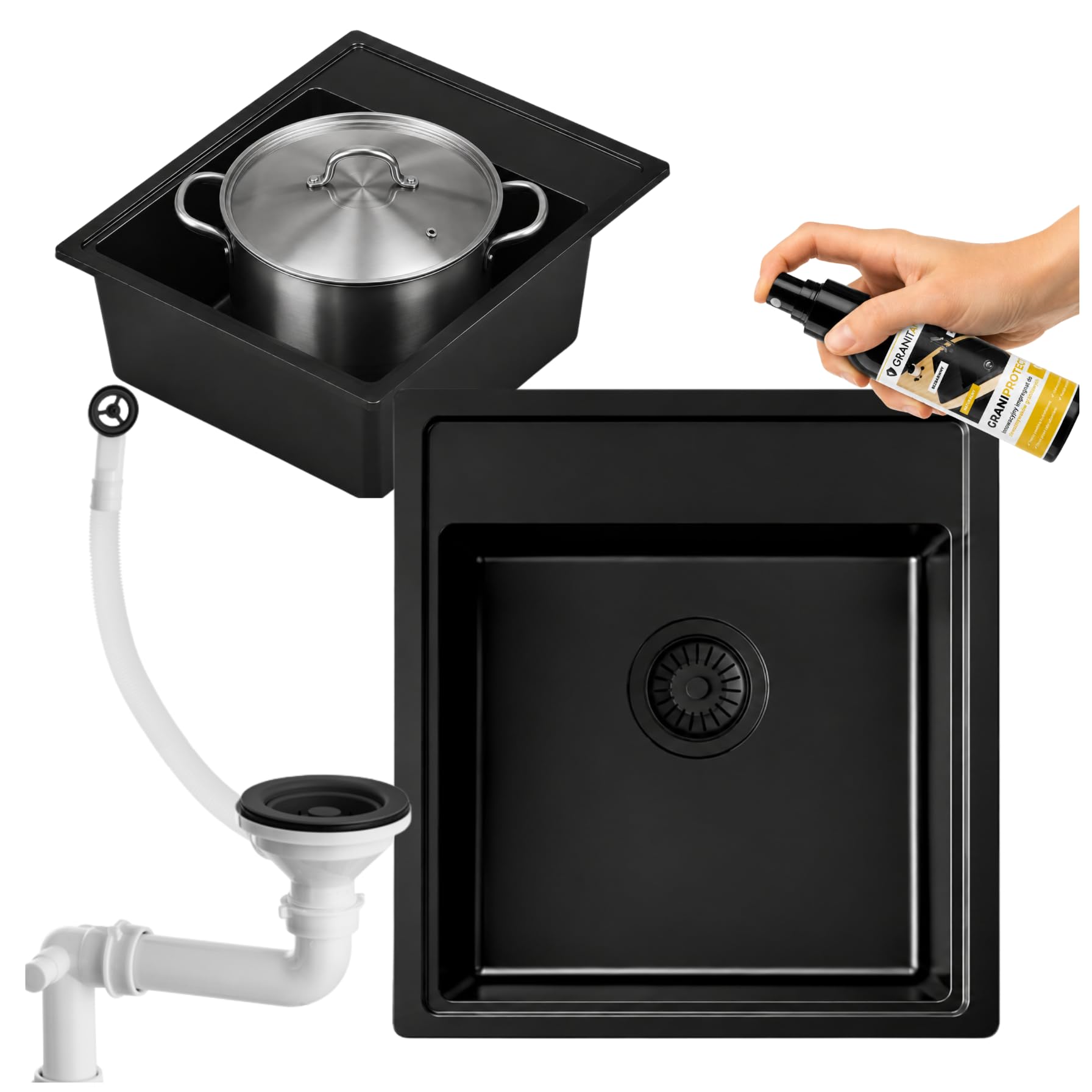 Granitan Spülbecken mit Siphon 51 x 44, Schwarz | Küchenspüle, Ausgussbecken, Spüle mit Armatur Set, für Garage Keller Werkstatt und Waschküche, Universal Waschtrog