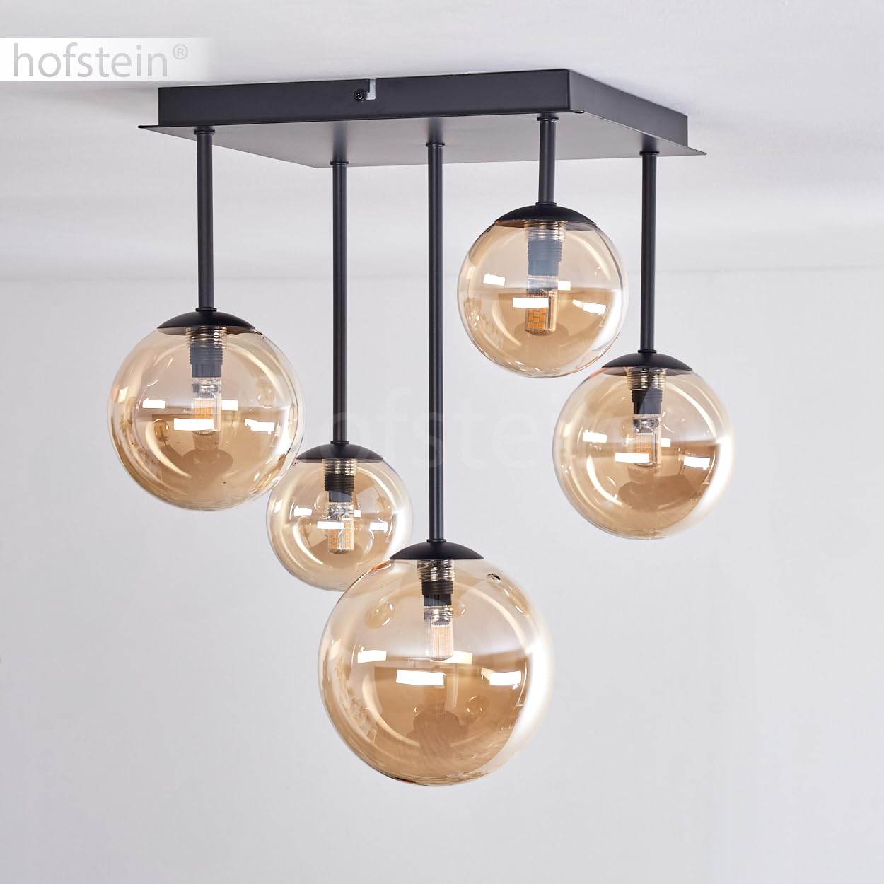 HOFSTEIN Deckenleuchte Chehalis, Deckenlampe aus Metall/Glas in Schwarz/Bernstein, Leuchte im modernen Retro/Vintage-Design mit Schirmen aus Glas (Ø 10, 12, 15 cm), 5 x G9, ohne Leuchtmittel