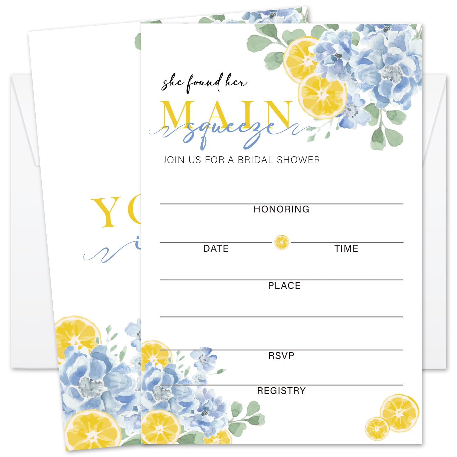 Lemon Floral She Found Her Main Squeeze Bridal Shower Invitations With Envelopes, Bridal Shower Invites, Fill In Style Mediterranean Wedding
