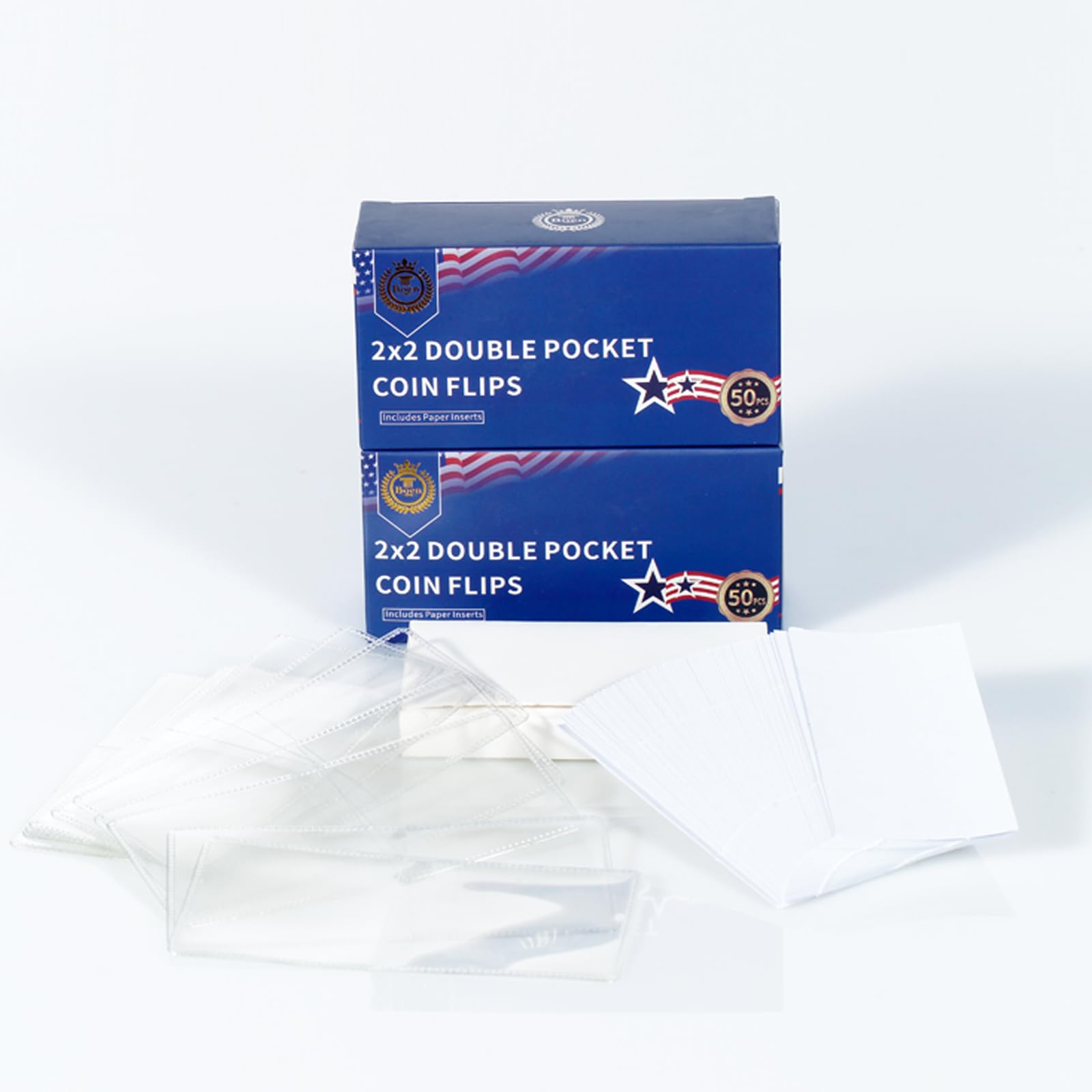 Boen 200 pockets100 Pieces 2x2 Double Pocket Coin Flip Clear Safe Storage Coin Sleeves Coin Collection Holder with Inserts