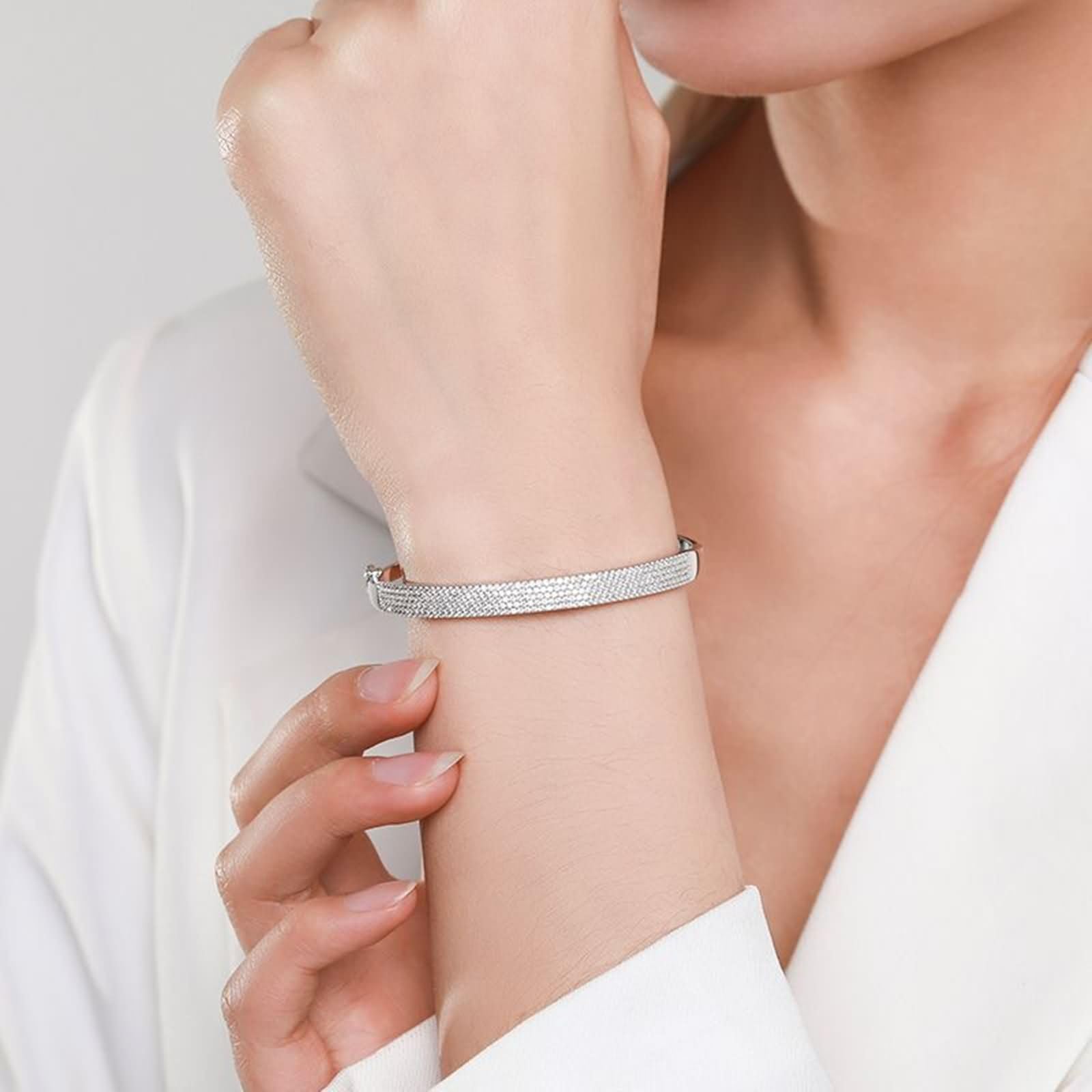 Brazalete de Mujer Oro Blanco 9 K / 14 K / 18 K, Simple con Moissanita, Cadena 16 CM, Brazaletes Plata Mujer