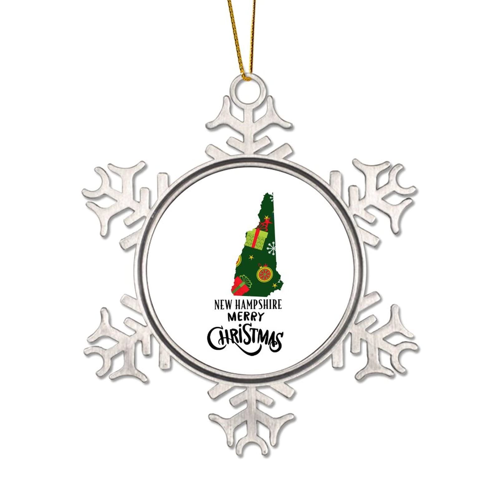 Pewter Snowflake Christmas Ornaments Merry Christmas US New Hampshire State Map Ornaments for Christmas Tree Hanging Decoration Xmas Metal Keepsake Holiday Souvenir New Year Gifts for Family