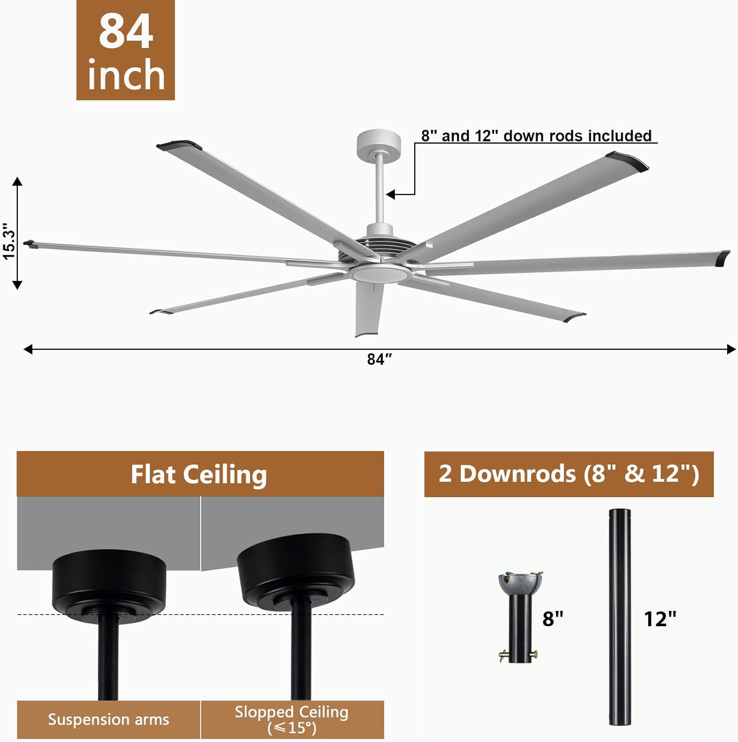 84" Large Commercial Ceiling Fan Lights & Remote - Damp-Rated Outdoor Ceiling Fans for Patios, Modern Industrial Design, 6-Speed, Dimmable LED, Use for House, Shop, Garage, Silver