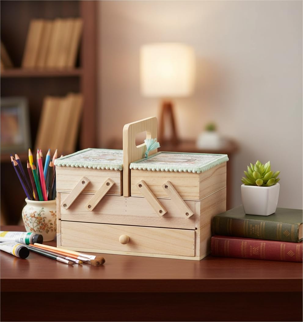 Nähkästchen aus Holz mit großer Schublade, 26 x 23 cm, Organisation, Nähen, Aufbewahrung