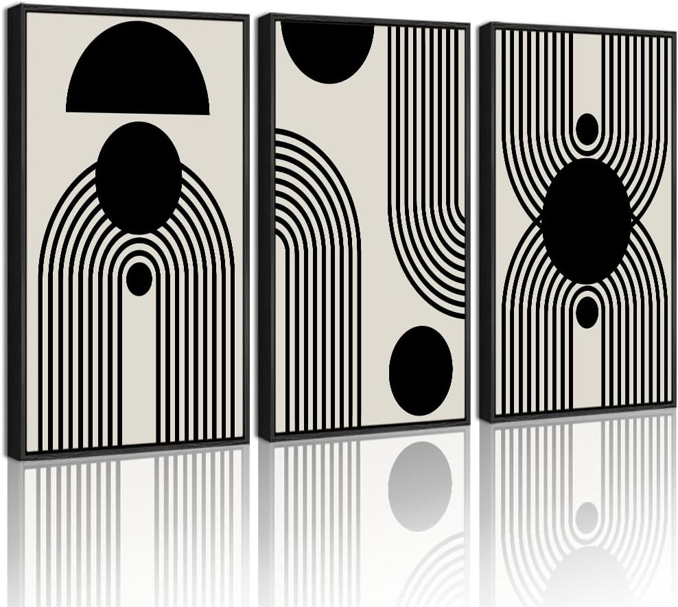 Drsoum Lager 16x24in Black and White Abstract Framed Wall Art Decor Duotone Minimal Dark Brush Stroke Prints Shapes Illustrations Modern Art Decorative Ready To Hang - Black Framed Gray Brush Stroke 16" x 24" x3pcs, Black Framed