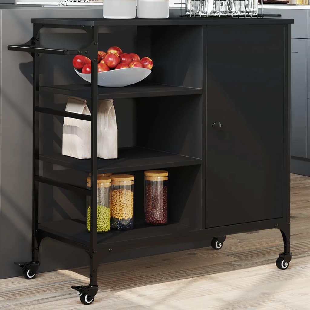 Carro de cocina negro con material de madera y marco de acero, 87,5 x 38,5 x 84,5 cm, con 4 ruedas y frenos, carrito de servicio con espacio de almacenamiento, estante, carrito auxiliar para