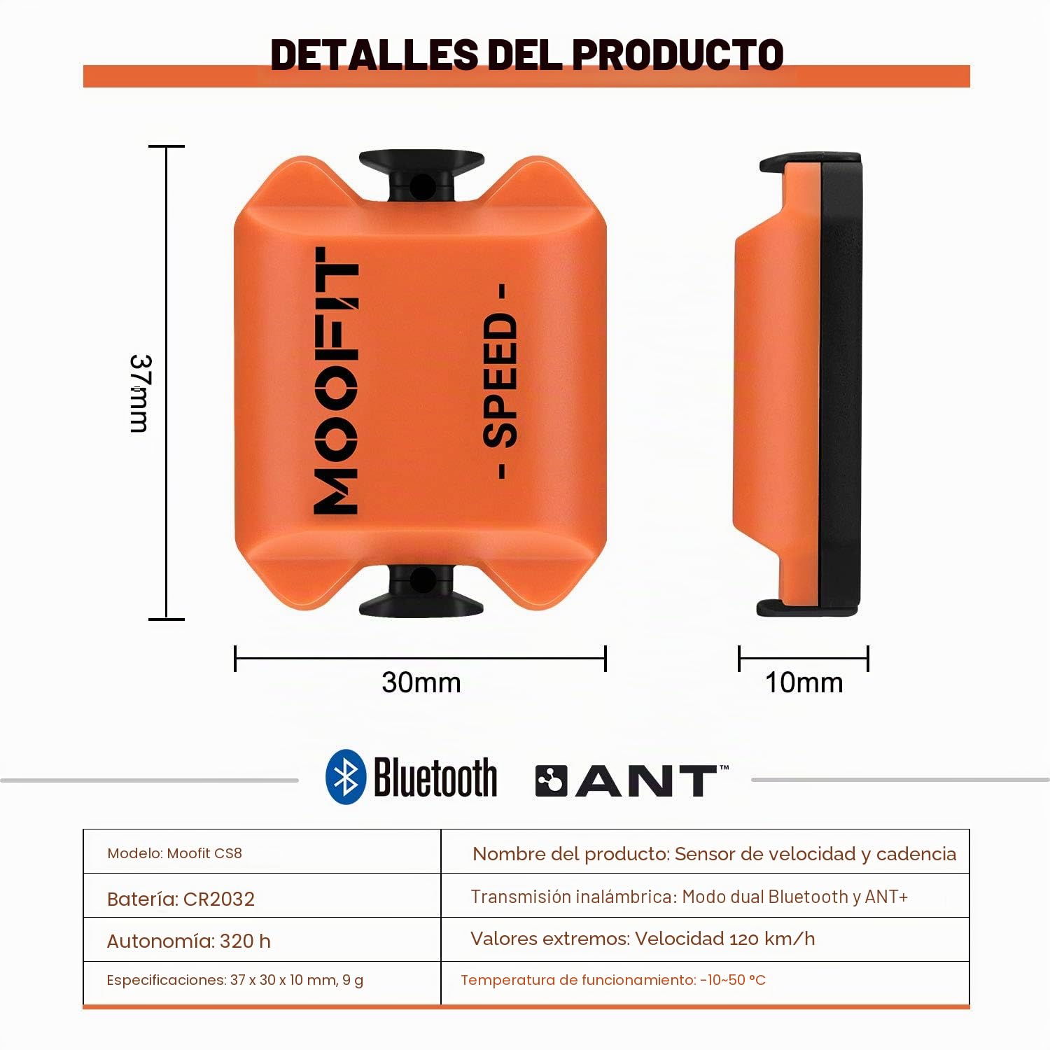 moofit CS8 Sensor de Velocidad/Cadencia para Ciclismo, Sensor de Velocidad | Distancia | Cadencia, Inalámbricos Bluetooth y Ant+ con Tecnología de Baja Energía Resistente al Agua IP67, Naranja