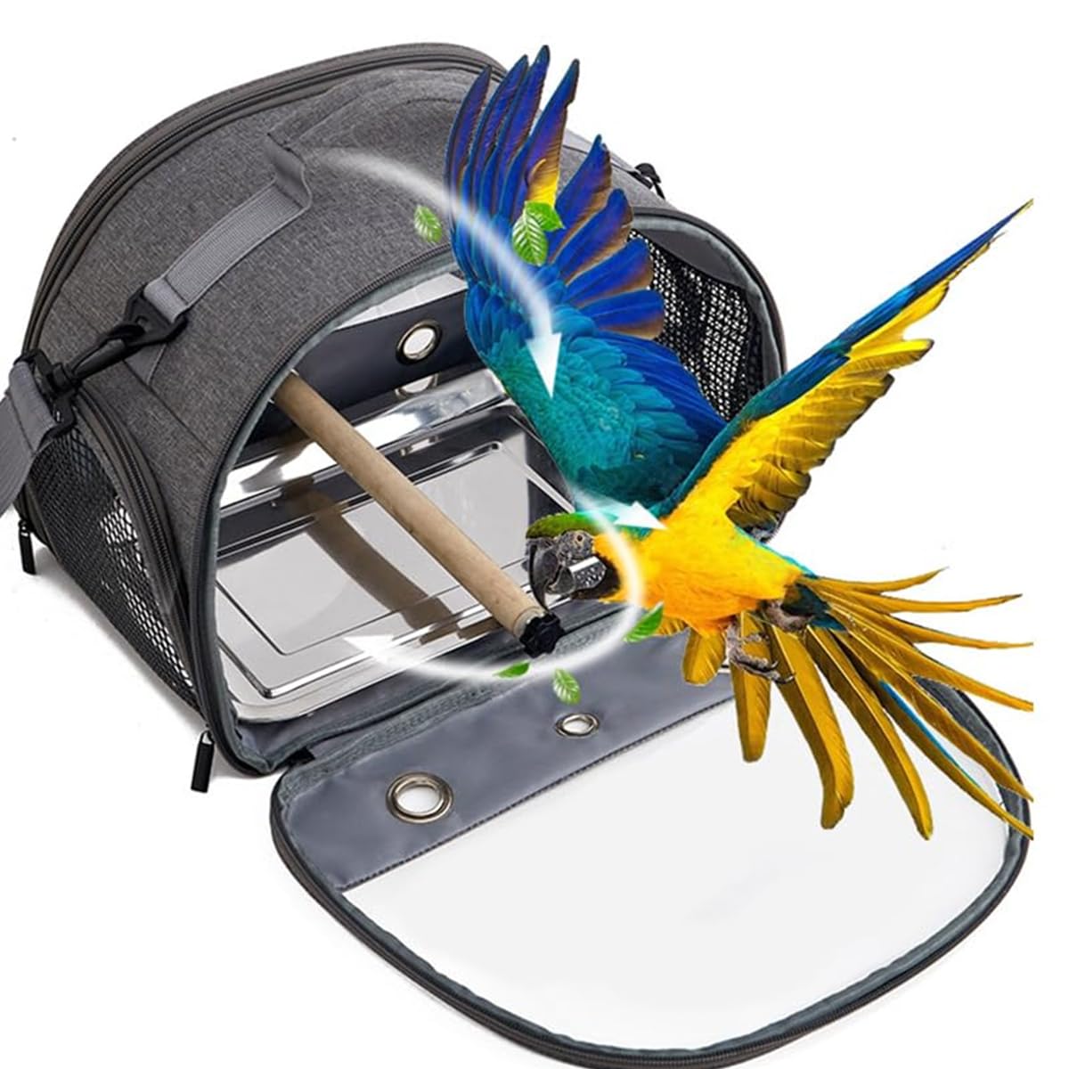 Sac de Transport Pliable pour Oiseaux - Cage de Voyage Ventilée avec Perchoir Inoxydable pour Perroquets, Perruches et Petits Animaux - Design Léger et Portable (Gris)