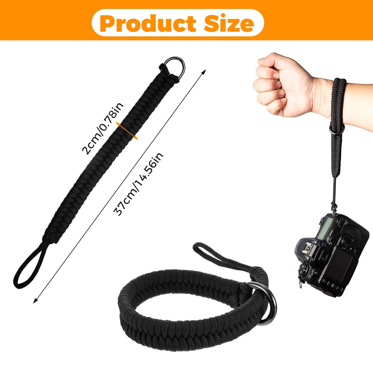 Dragonne Appareil Photo en Paracord 550, Noir Sangle de Poignet pour Appareil Photo, avec Anneaux en D, Compatible avec DSLR, Action Cam et Compact, Accessoire Sécurisé pour Photographie en Plein Air