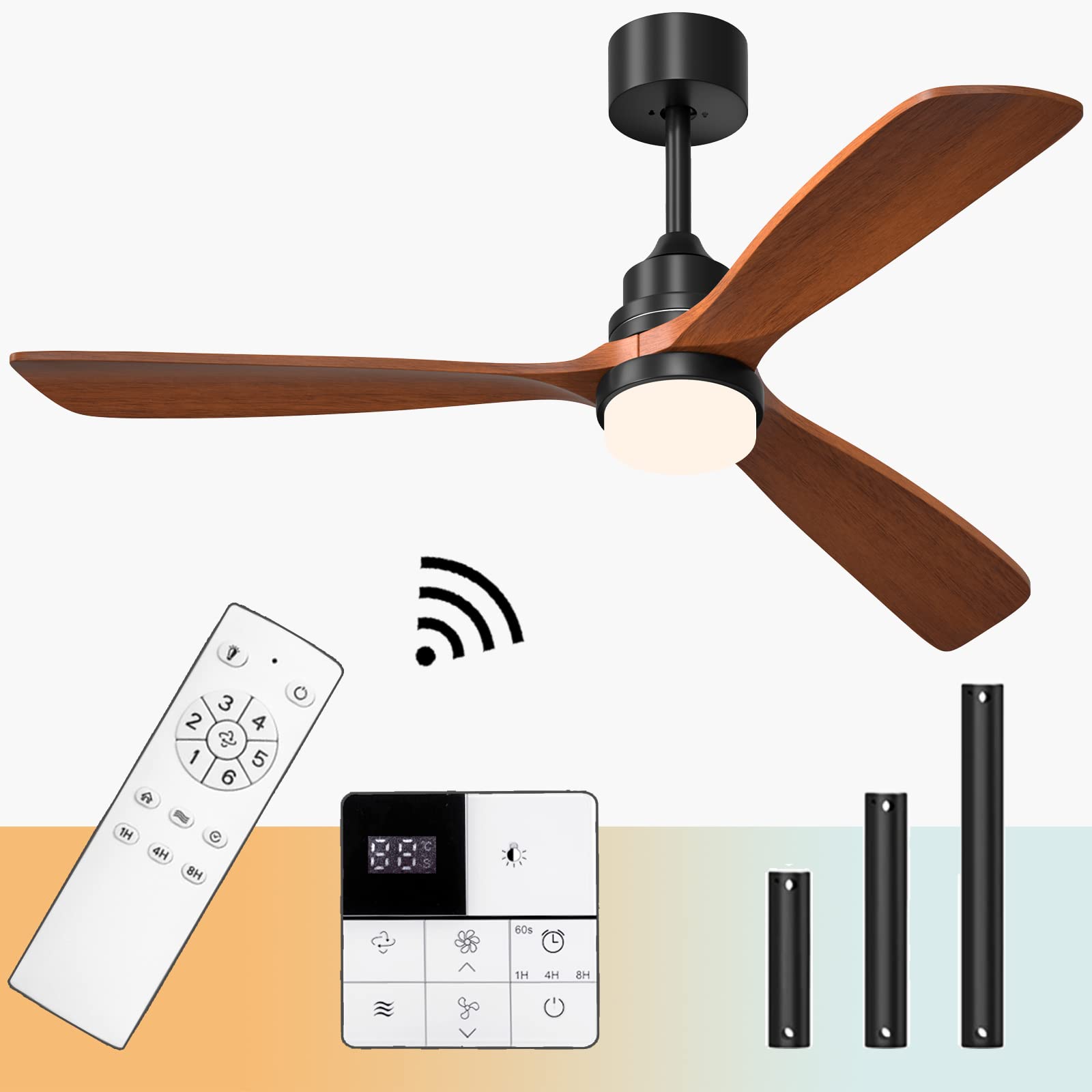 Ghicc Outdoor Ceiling Fan, 52" Modern Ceiling Fan with Lights Wall and Remote Control, Wood Ceiling 