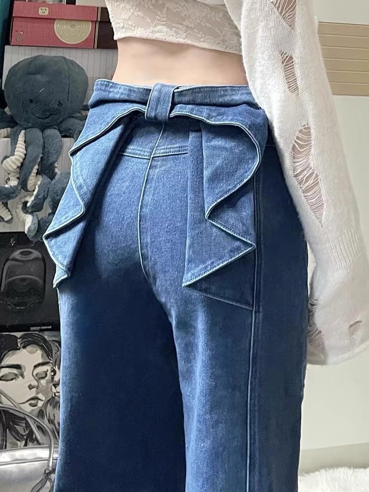 Y2k Bow Denim Wide - Leg Jeans for Women Vintage Streetwear Y2K Bow High-Waist Denim Pants