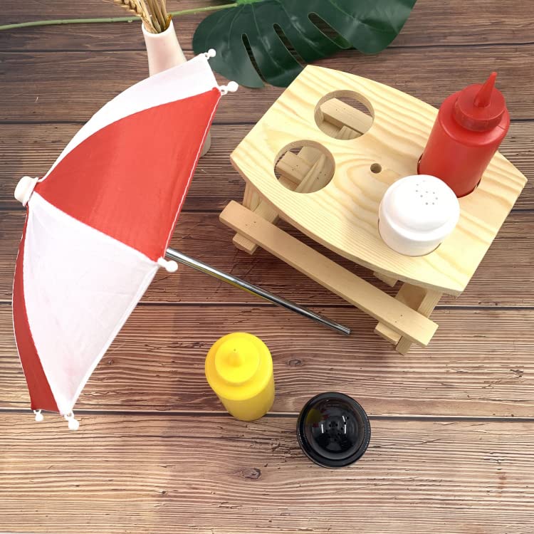 THW® Miniature Picnic Table BBQ Backyard Condiment Holder Set with Removable Umbrella/Squeeze Bottle Set/Salt and Pepper Bottle Set 1