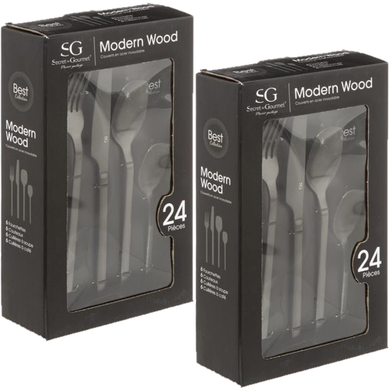 Lot de 2 Ménagères Modern Wood en Acier Inoxydable - 48 couverts - Noir Mat