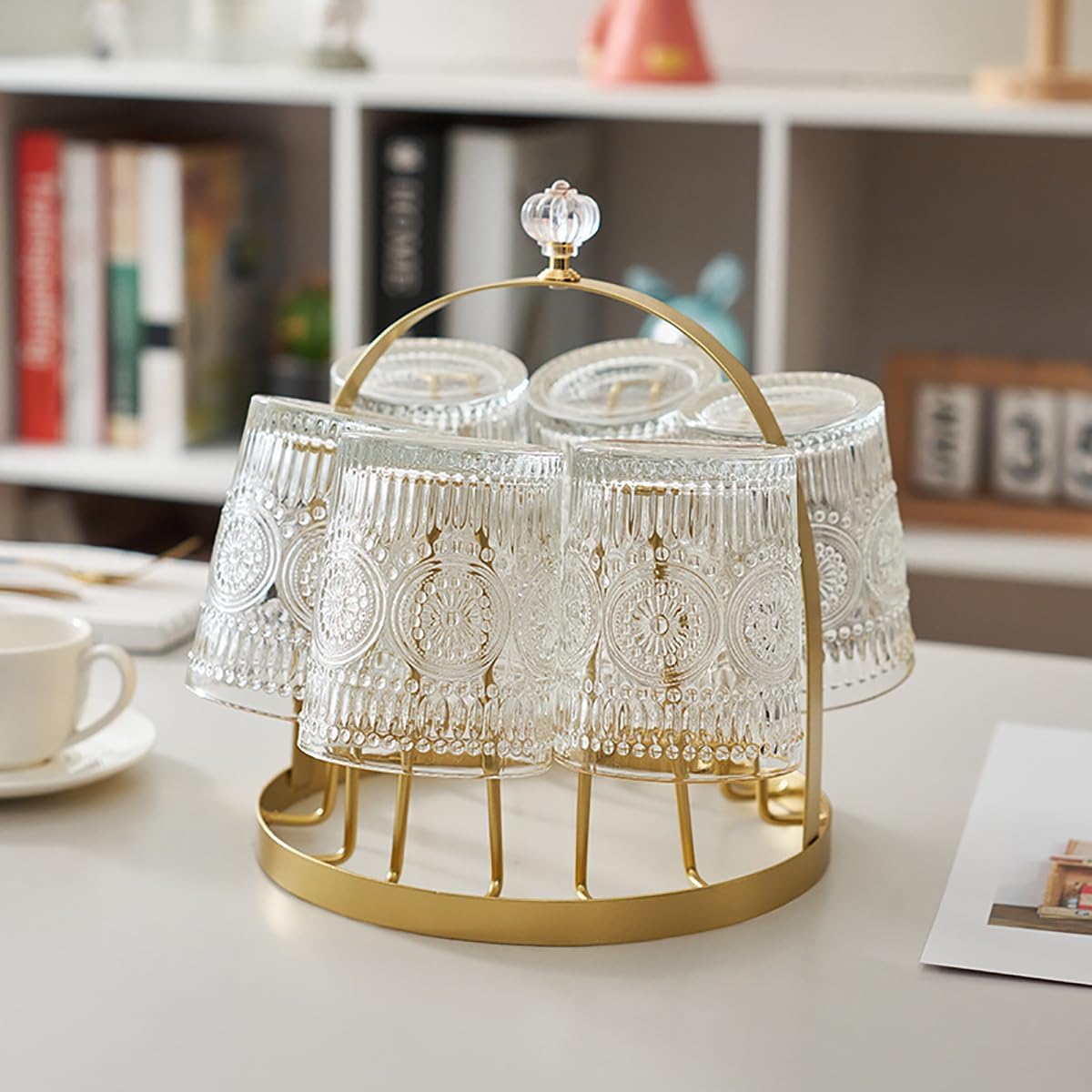 Cup Drying Rack Coffee Mug Drinking Glass Organizer Stand with Handle, 6 Cups Drainer Holder for Home Kitchen Bar, Gold