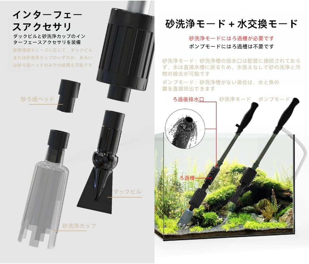 【2025年新グレード】電動 水換えポンプ USB給電 5V2A 2in1多機能 水換え 砂利洗浄 水槽水換え 清掃 底砂クリーナー