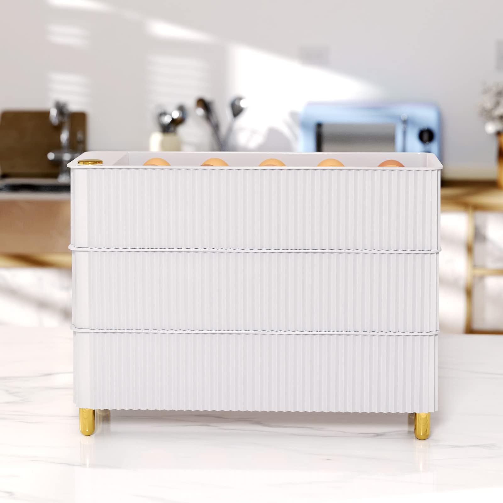 Bemodst Fridge Egg Storage, Gold Plated High Feet Kitchen Freshness Drawer Egg holder, Holds 30 Egg holder Storage, Swivel Crash-Proof Design and Temperature Resistant Light Luxury Egg Carton-White