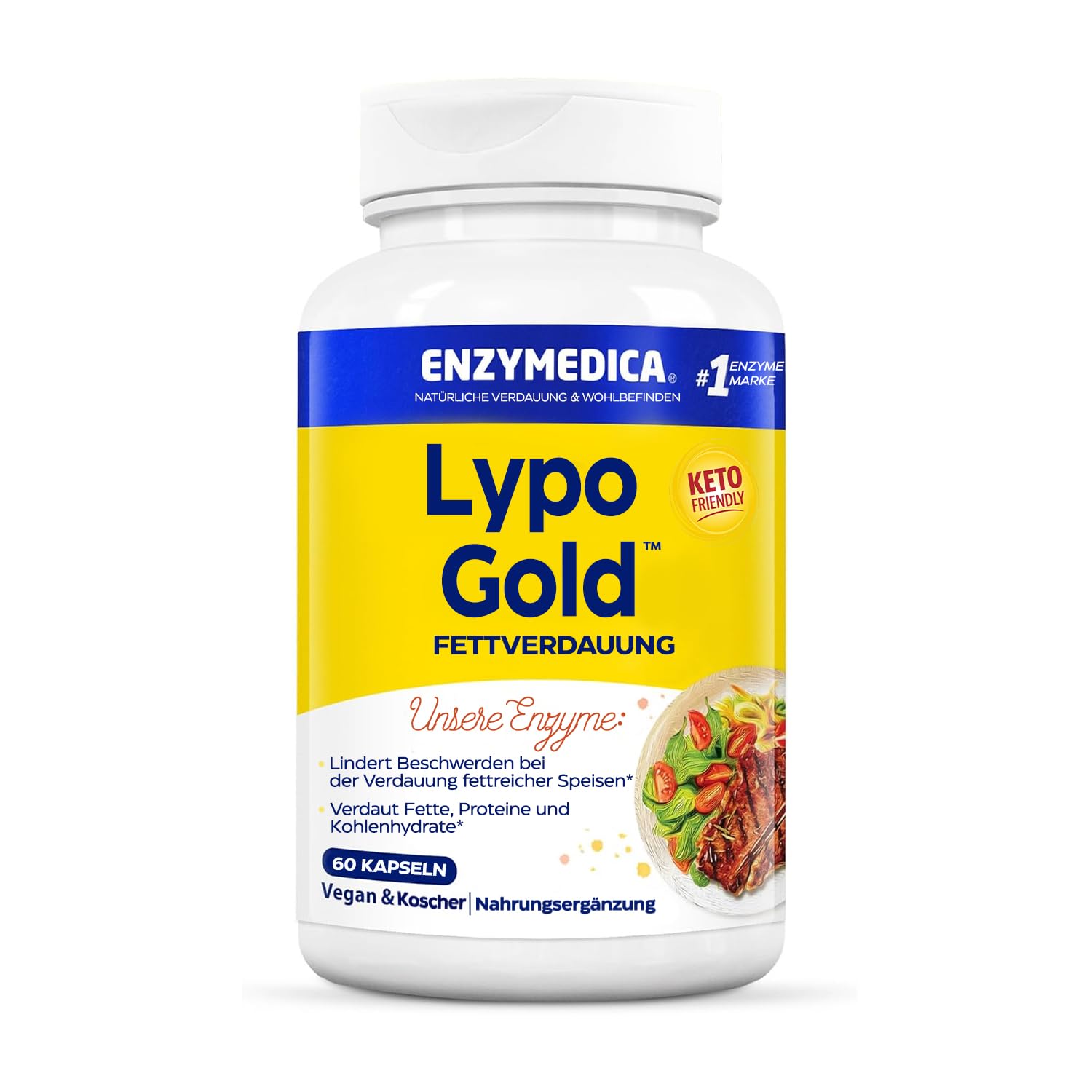 Enzymedica - Lypo Gold, Enzym-Formel, reduziert Gase und Blähungen, angezeigt für Keto-Diäten, Verbessert die Nährstoffaufnahme, Glutenfrei, Milchfrei, Vegan, 60 Kapseln