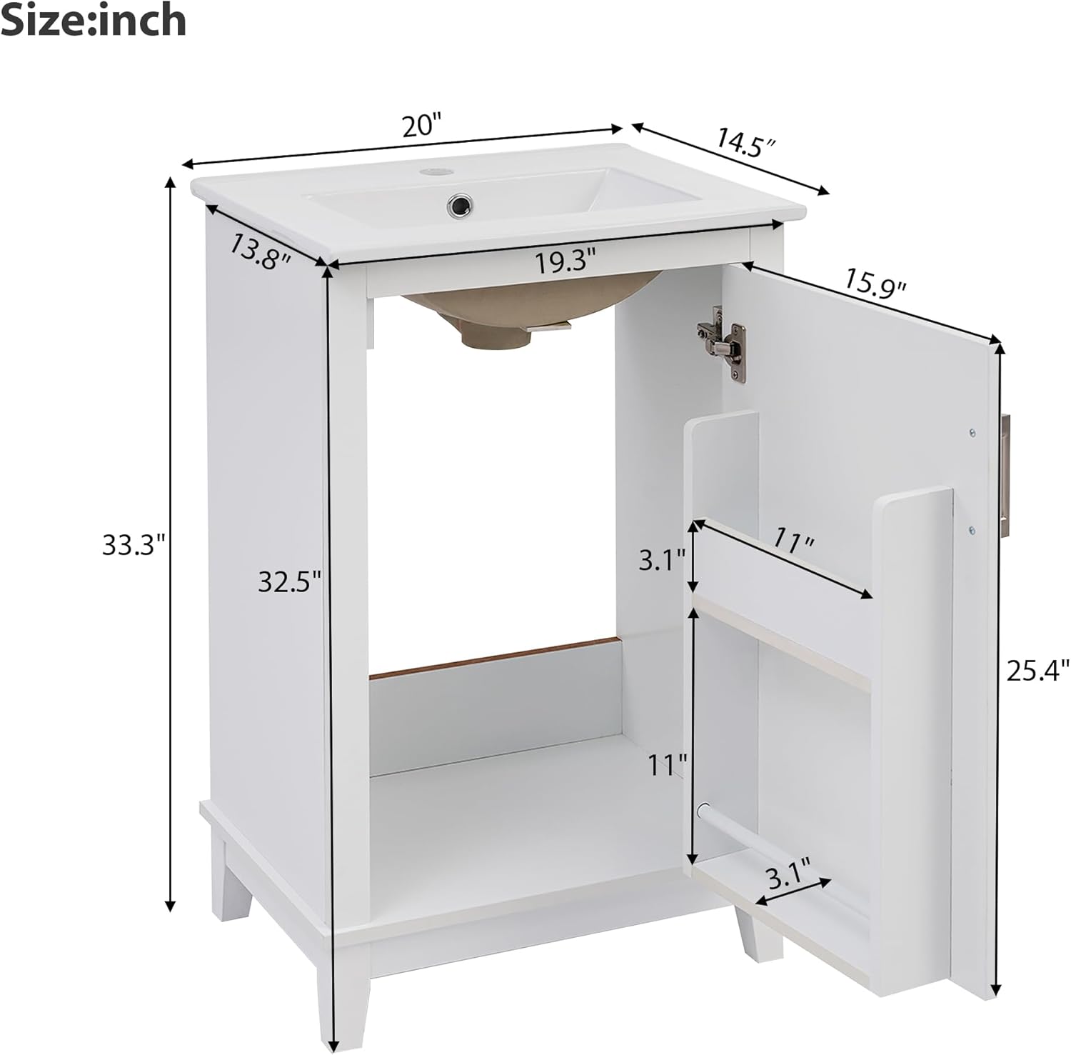 Merax 20" Small Bathroom Vanity with Sink, Bathroom Vanity Storage Cabinet with Soft Close Door, White