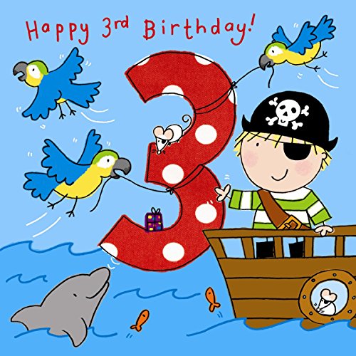 twizler tarjeta 3 ° Cumpleaños para bebé con pirata, Loros Y purpurina...