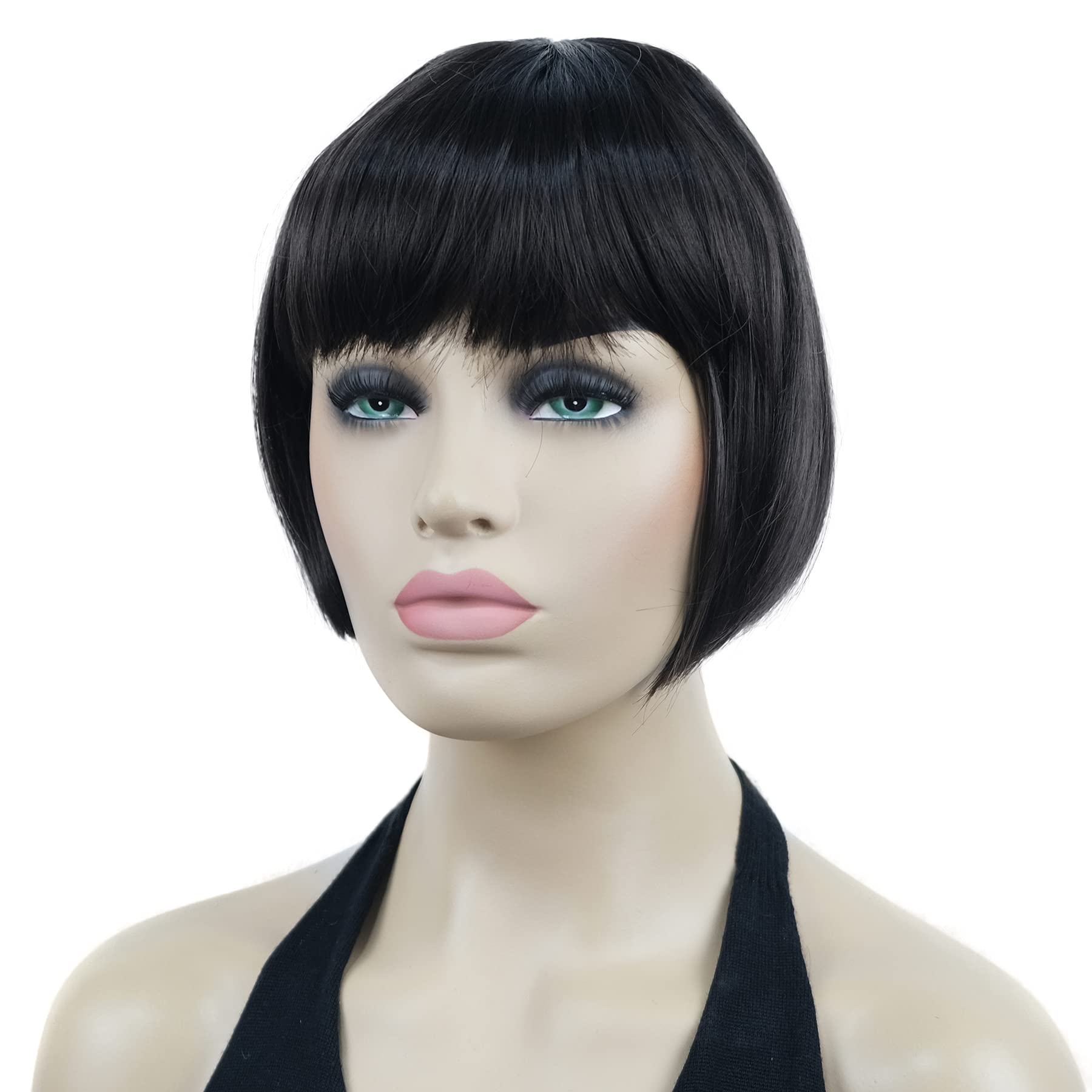 Lydell 6" Straight Short Bob Hair Flat Bangs Cute Central Dot Skin Top Heat Resistant Synthetic Wigs (Dark Brown) - Image 3