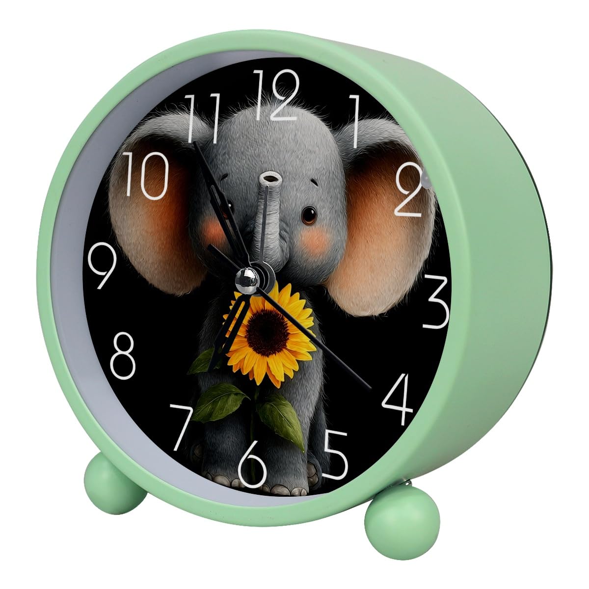 Luoweisi Analog Alarm Clock Elephant Sunflower, Silent Non-Ticking with Night Light, Battery Operated, Round Desk Alarm Clock for Office, Bedroom, Elderly, Adults, Children, Student Gifts