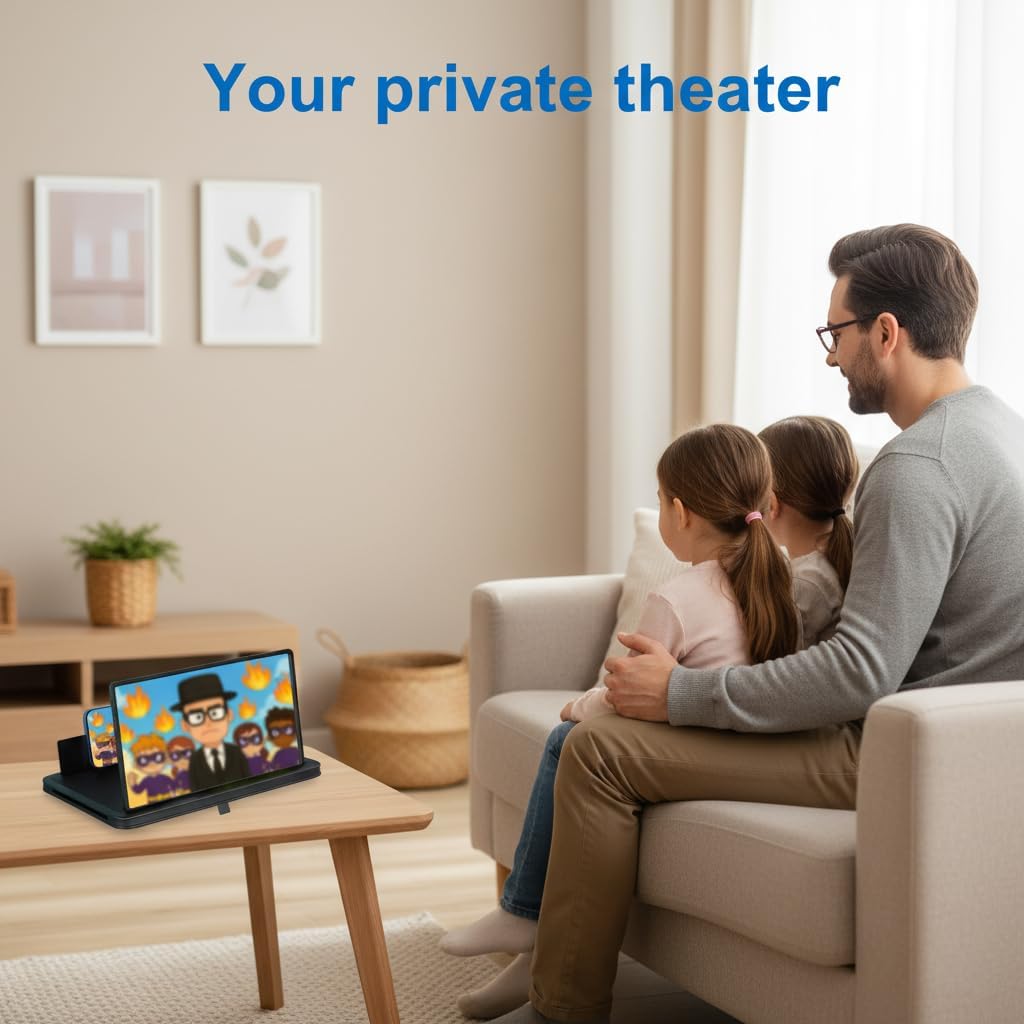 Screen Magnifier for Cell Phone with Adjustable Stand, Foldable Phone Screen Magnifier for Movies & Videos, Hands-Free Viewing, Compatible with All Smartphones (Black, 10'')