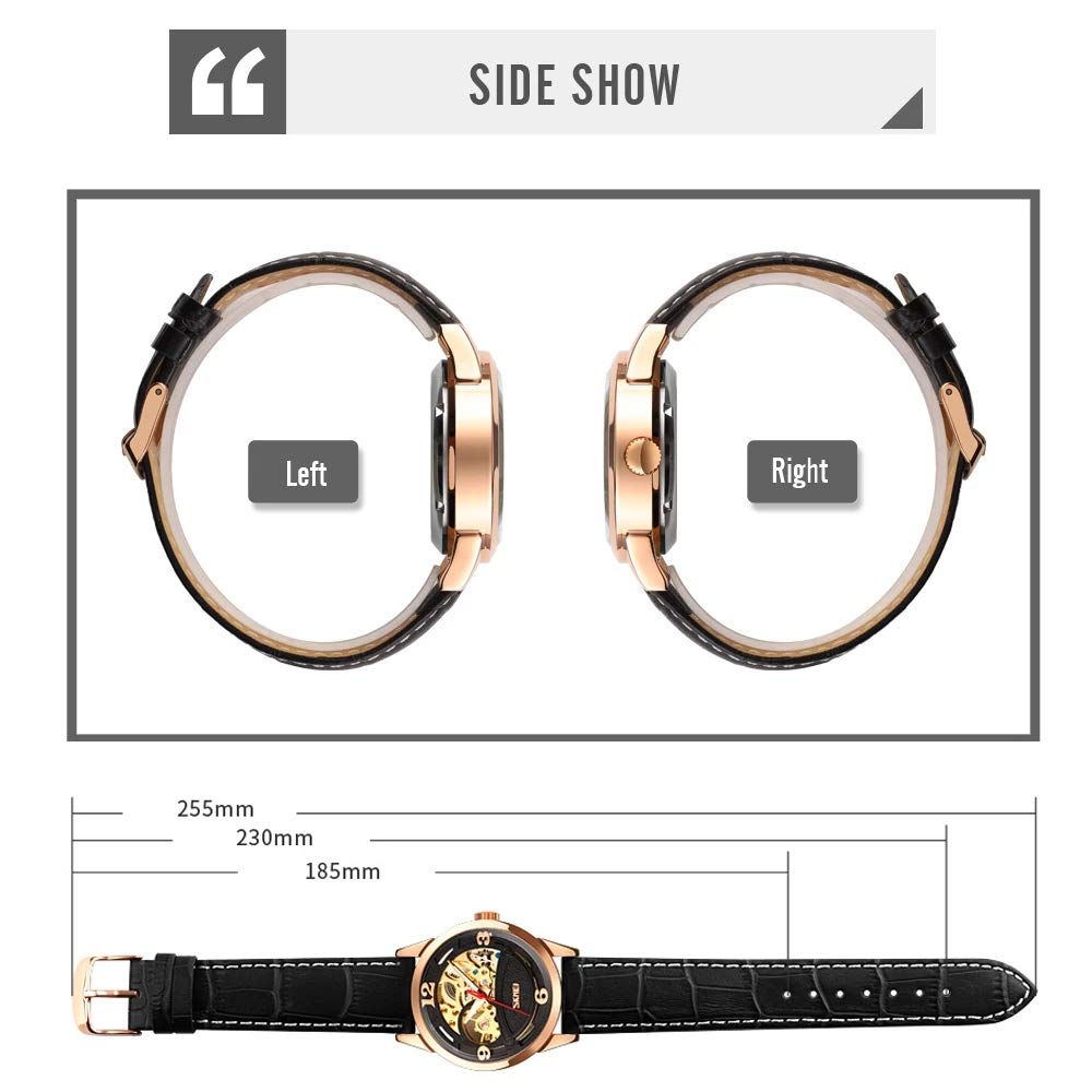 MASTOP Herren-Armbanduhr, automatisch, mechanisch, Skelett-Zifferblatt, wasserdicht, leuchtende Zeiger, Leder, analoge Armbanduhr