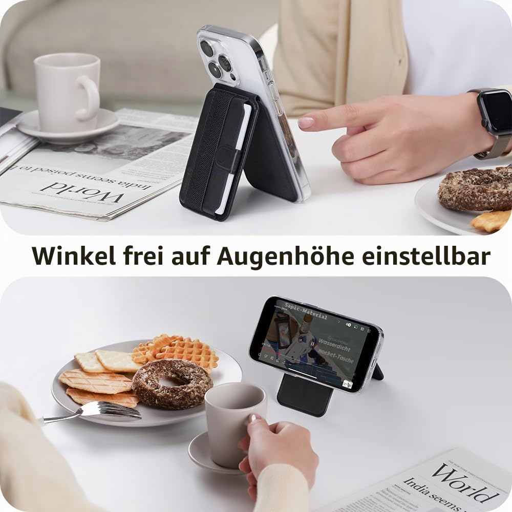 Sinjimoru Magnetischer Kartenhalter mit Auswurffunktion, Handybrieftasche für MagSafe mit Ständer, kompatibel mit iPhone 16 15 14 13 12 Serie. M-Pull Tab Stand