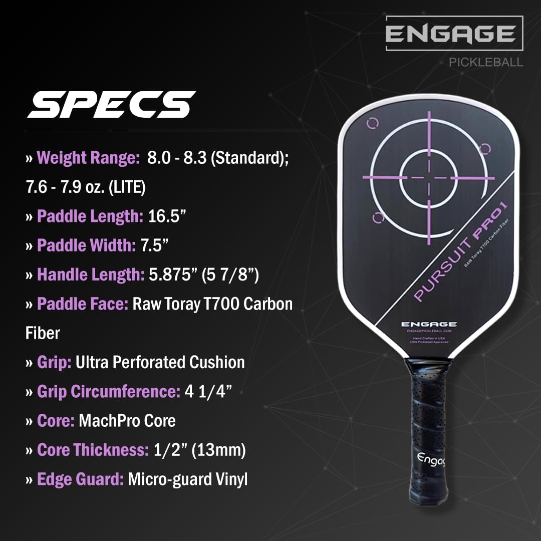 Engage Pursuit Pro1 Pickleball Paddle - Carbon Fiber for Extreme Spin - MachPro Core for Maximum Power & Control (Deep Magenta, Light Weight (7.6-7.9oz))